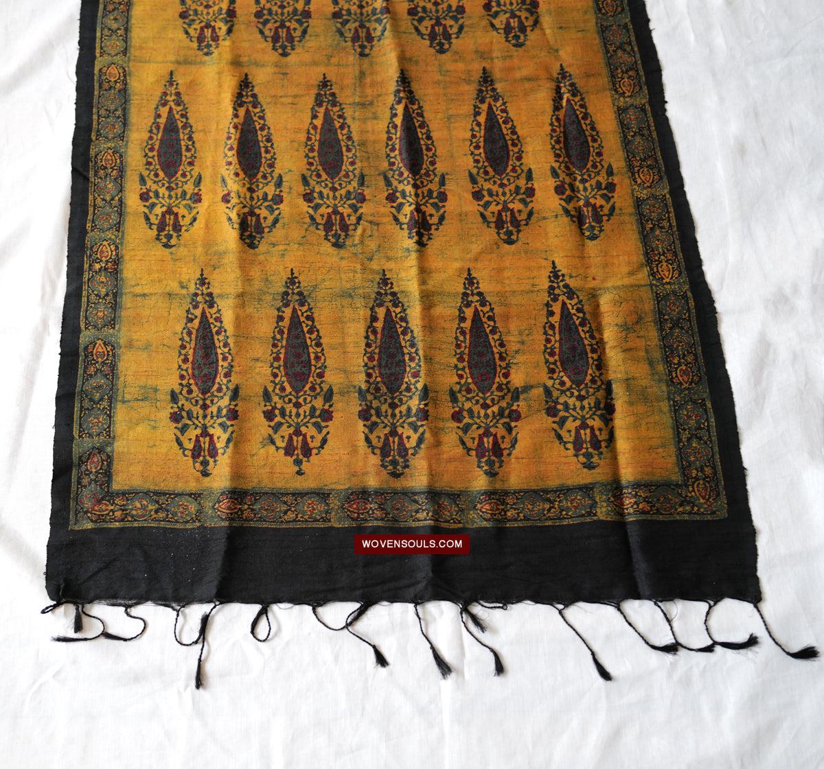 1732 Hand Block Printed Yellow Silk Shawl w Natural Dyes-WOVENSOULS Antique Textiles & Art Gallery