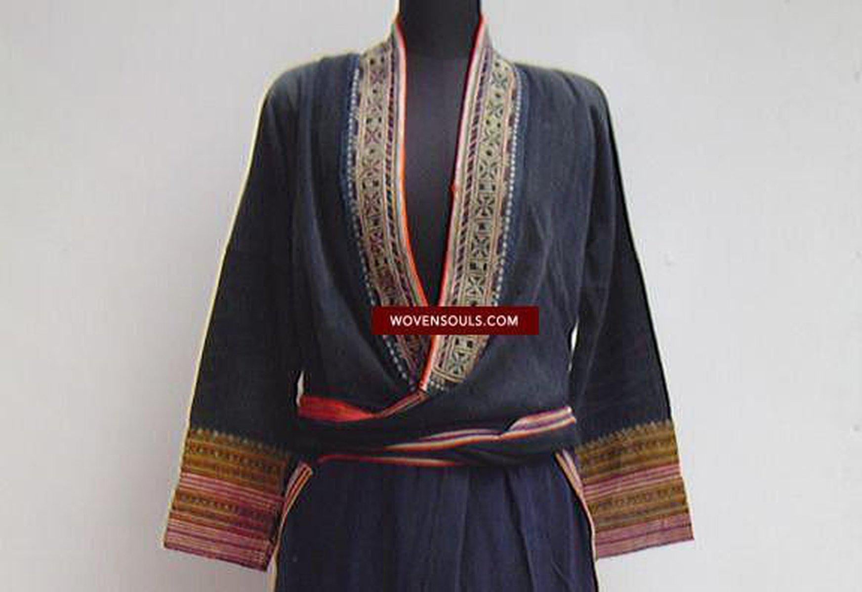 174 Yao Tunic Robe 1 - Hand Spun Cotton & Embroidery-WOVENSOULS-Antique-Vintage-Textiles-Art-Decor