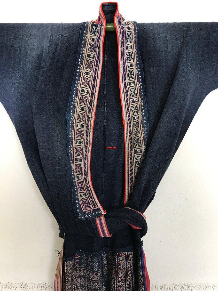 174 Yao Tunic Robe 1 - Hand Spun Cotton & Embroidery-WOVENSOULS-Antique-Vintage-Textiles-Art-Decor