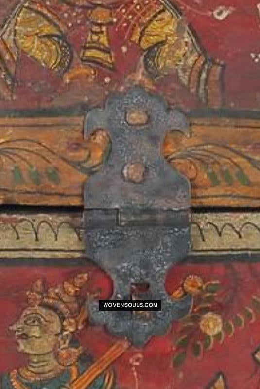 1760 Old Wood Chest w Krishna Paintings - Odisha-WOVENSOULS Antique Textiles & Art Gallery