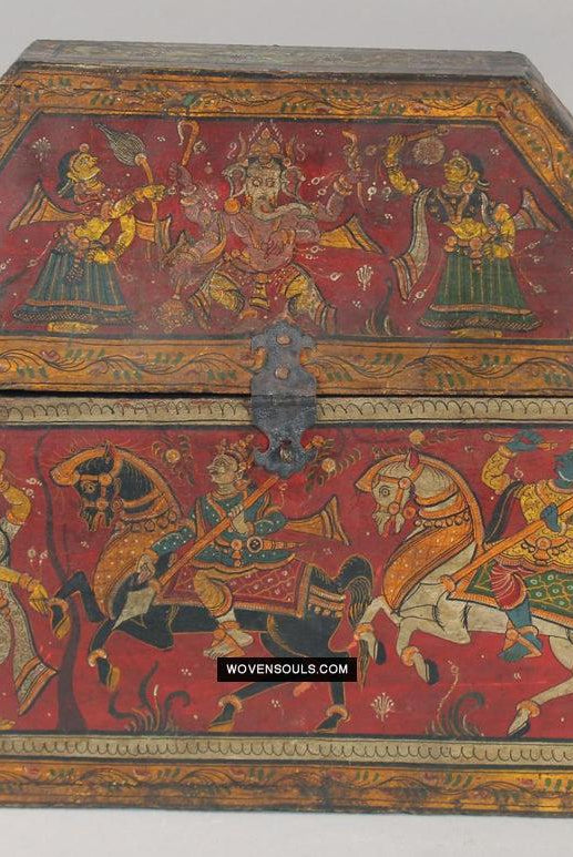 1760 Old Wood Chest w Krishna Paintings - Odisha-WOVENSOULS Antique Textiles & Art Gallery