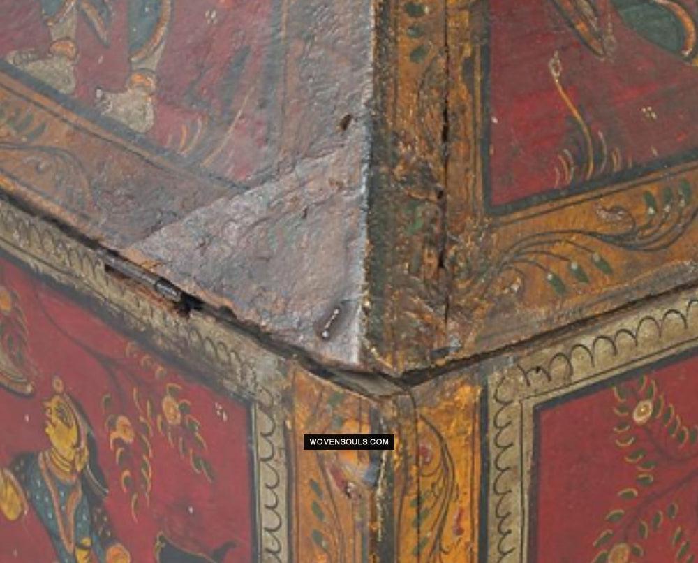 1760 Old Wood Chest w Krishna Paintings - Odisha-WOVENSOULS Antique Textiles & Art Gallery
