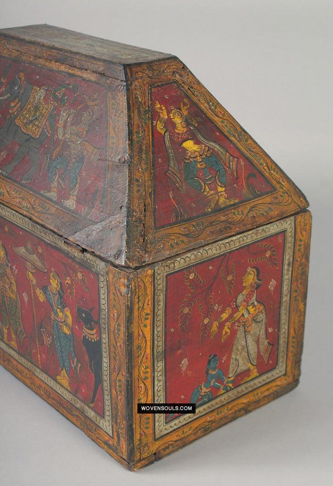 1760 Old Wood Chest w Krishna Paintings - Odisha-WOVENSOULS Antique Textiles & Art Gallery
