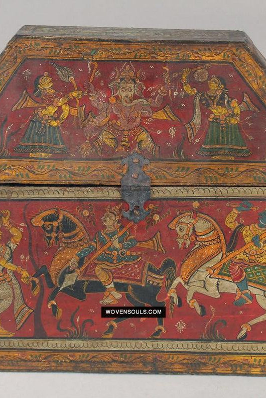 1760 Old Wood Chest w Krishna Paintings - Odisha-WOVENSOULS Antique Textiles & Art Gallery