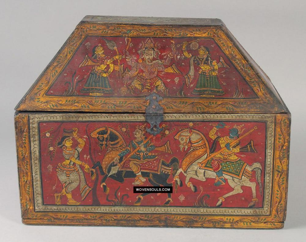 1760 Old Wood Chest w Krishna Paintings - Odisha-WOVENSOULS Antique Textiles & Art Gallery