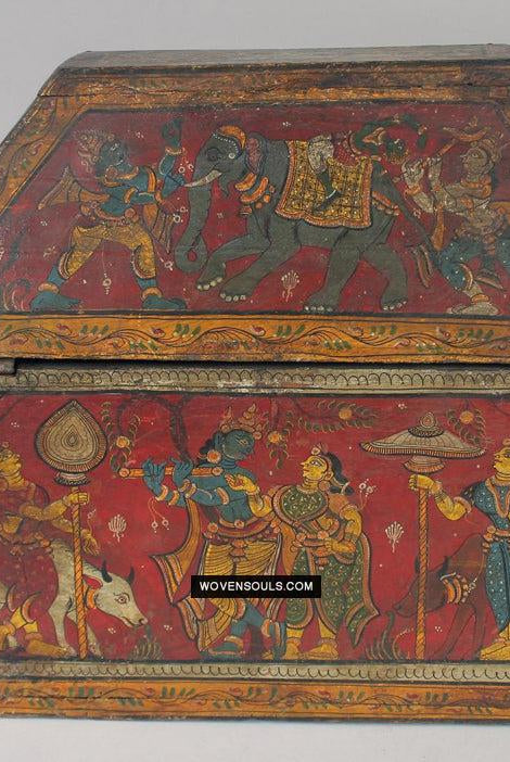 1760 Old Wood Chest w Krishna Paintings - Odisha-WOVENSOULS Antique Textiles & Art Gallery