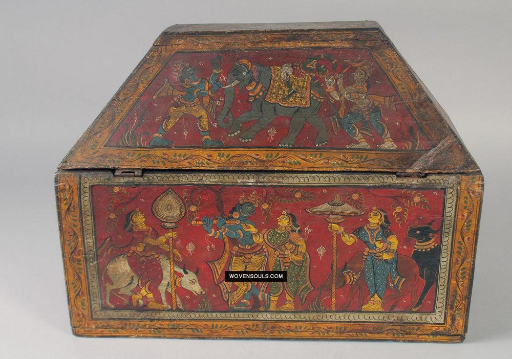 1760 Old Wood Chest w Krishna Paintings - Odisha-WOVENSOULS Antique Textiles & Art Gallery