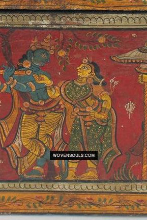 1760 Old Wood Chest w Krishna Paintings - Odisha-WOVENSOULS Antique Textiles & Art Gallery