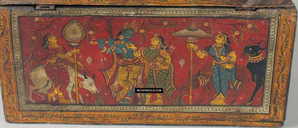 1760 Old Wood Chest w Krishna Paintings - Odisha-WOVENSOULS Antique Textiles & Art Gallery