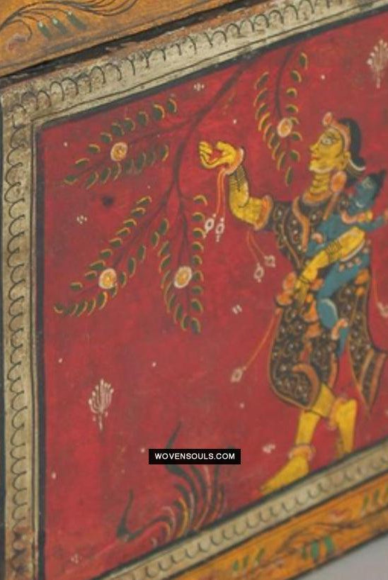 1760 Old Wood Chest w Krishna Paintings - Odisha-WOVENSOULS Antique Textiles & Art Gallery