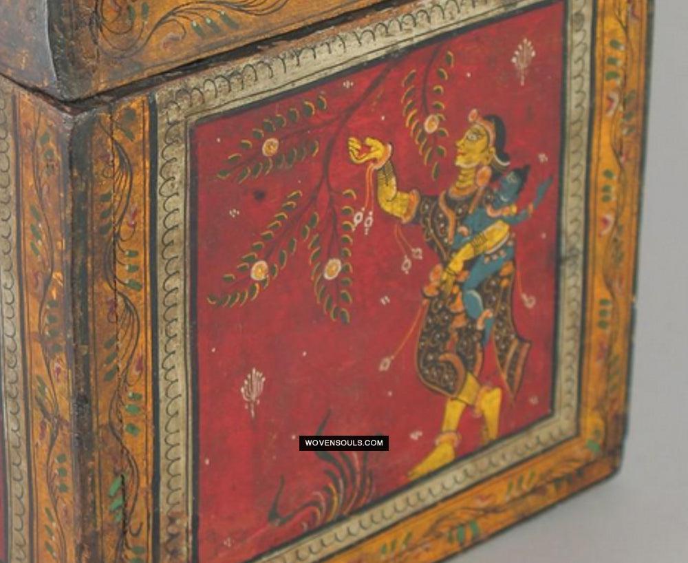 1760 Old Wood Chest w Krishna Paintings - Odisha-WOVENSOULS Antique Textiles & Art Gallery