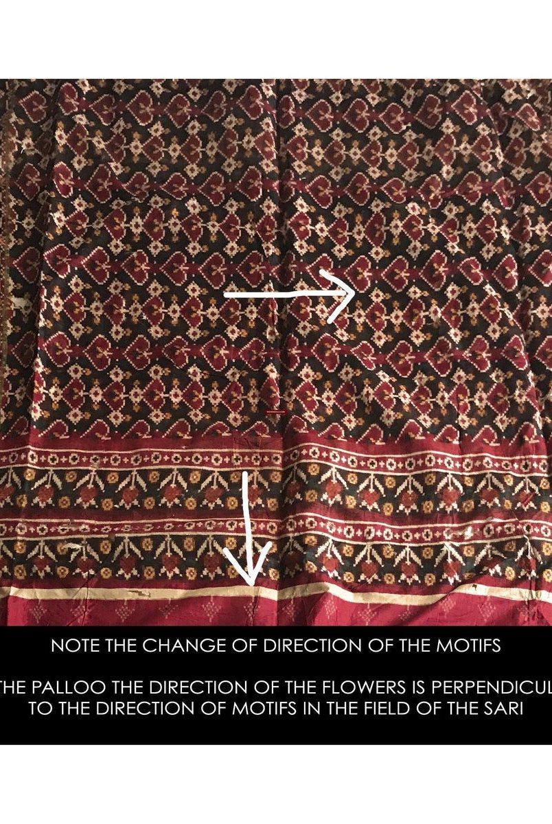 196 VERKAUFT - SELTENES altes Weber-Erbstück Patan Patola Doppel-Ikat-Sari-Fragment mit Zari-WOVENSOULS-Antike-Vintage-Textilien-Kunst-Dekor