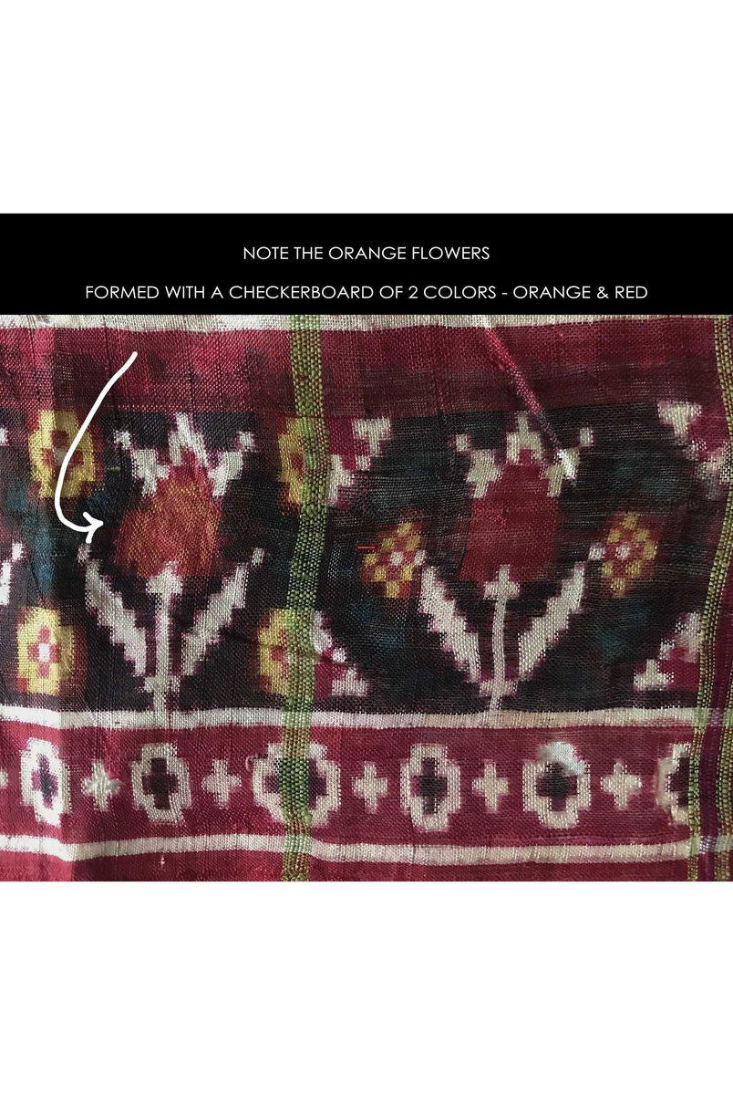 196 VERKAUFT - SELTENES altes Weber-Erbstück Patan Patola Doppel-Ikat-Sari-Fragment mit Zari-WOVENSOULS-Antike-Vintage-Textilien-Kunst-Dekor