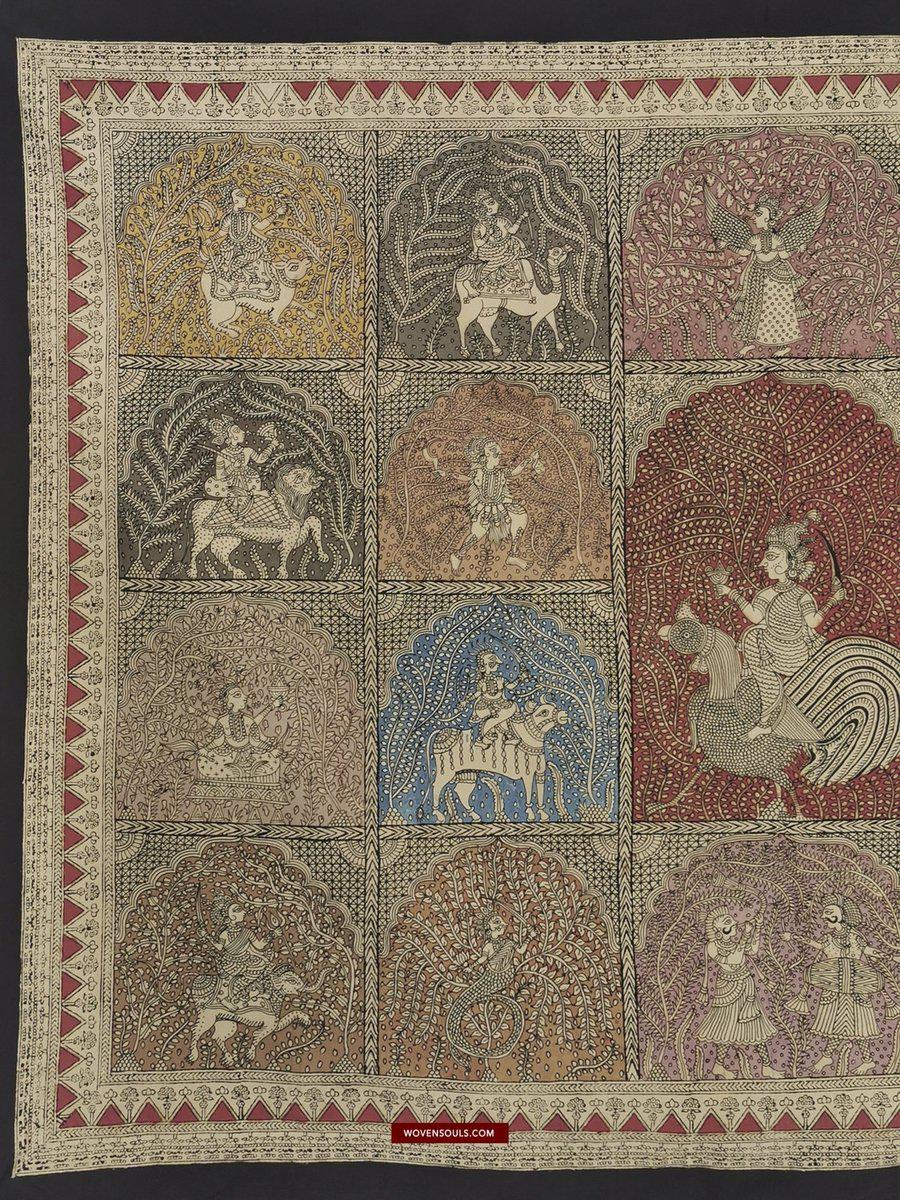 440 Multicolor Mata Ni Pachedi Kalamkari Textile Art-WOVENSOULS-Antique-Vintage-Textiles-Art-Decor