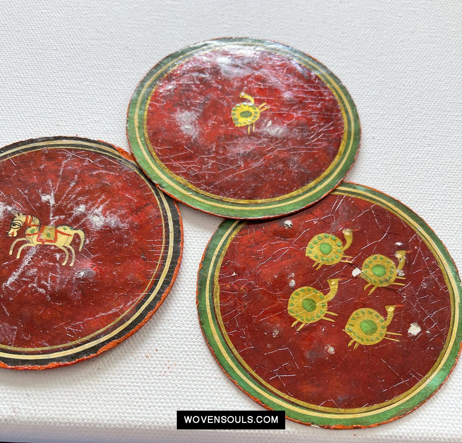 5011-D SOLD Group of 4 Antique Lacquered Ganjifa Playing Cards with Iridescent Paint-WOVENSOULS Antique Textiles & Art Gallery