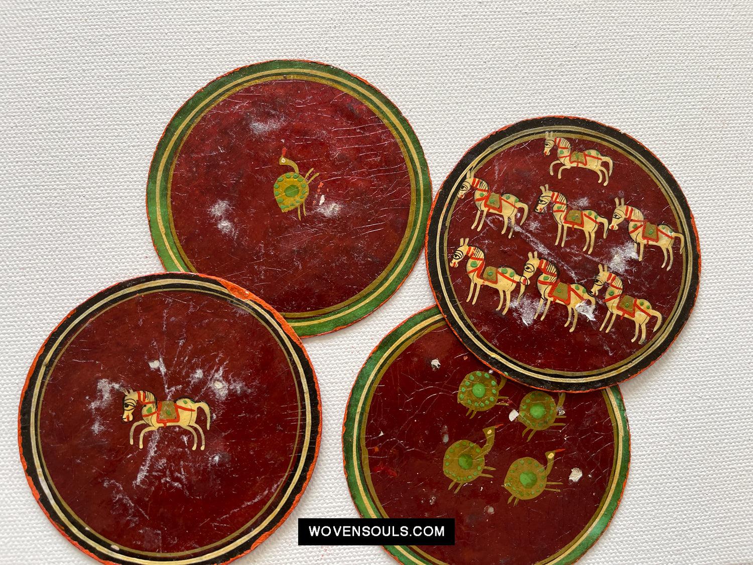 5011-D SOLD Group of 4 Antique Lacquered Ganjifa Playing Cards with Iridescent Paint-WOVENSOULS Antique Textiles & Art Gallery