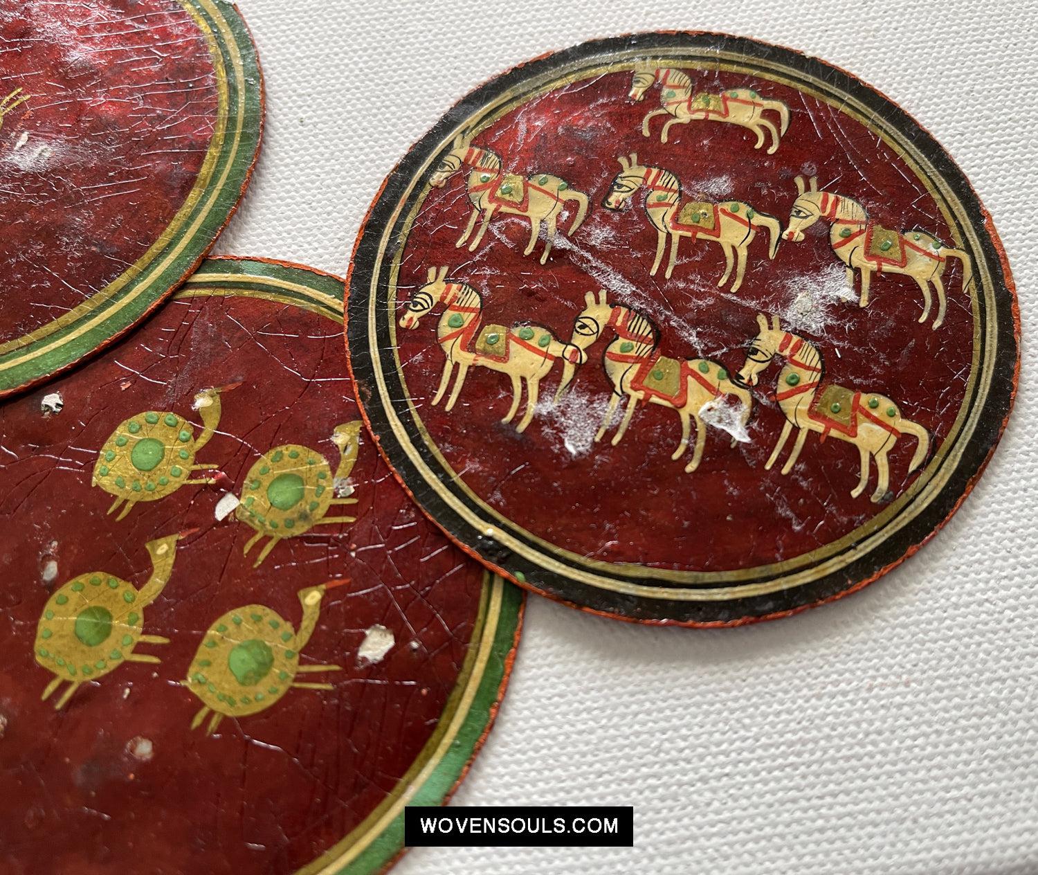 5011-D SOLD Group of 4 Antique Lacquered Ganjifa Playing Cards with Iridescent Paint-WOVENSOULS Antique Textiles & Art Gallery