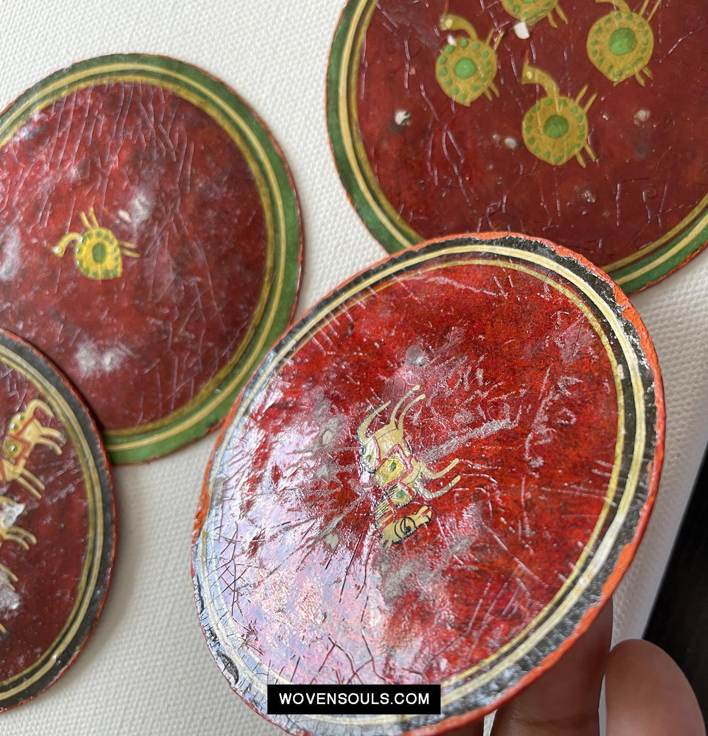 5011-D SOLD Group of 4 Antique Lacquered Ganjifa Playing Cards with Iridescent Paint-WOVENSOULS Antique Textiles & Art Gallery