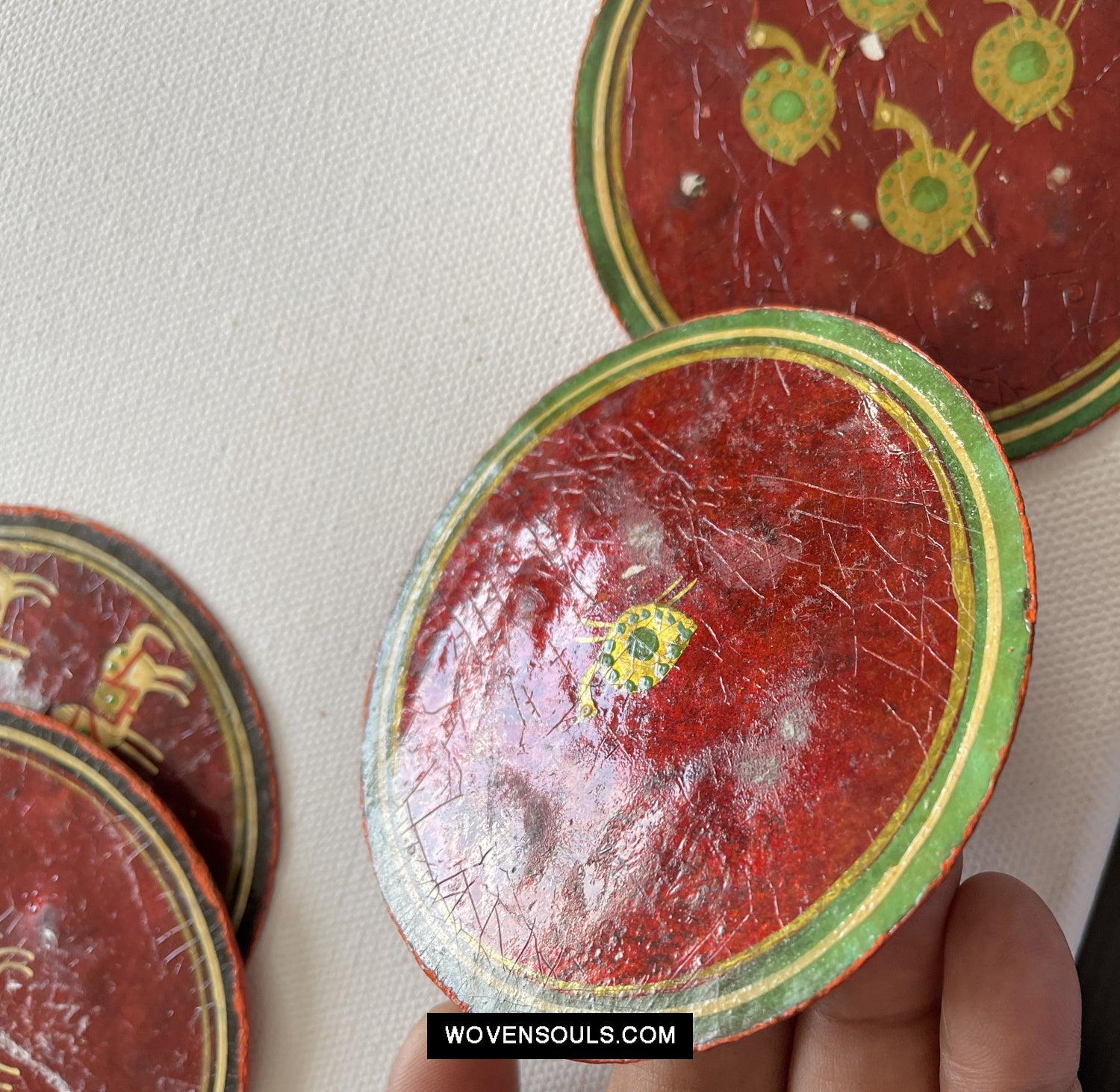 5011-D SOLD Group of 4 Antique Lacquered Ganjifa Playing Cards with Iridescent Paint-WOVENSOULS Antique Textiles & Art Gallery