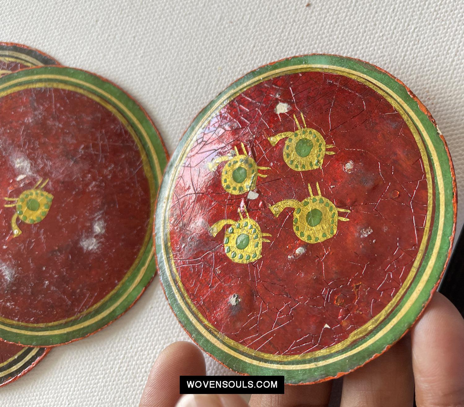 5011-D SOLD Group of 4 Antique Lacquered Ganjifa Playing Cards with Iridescent Paint-WOVENSOULS Antique Textiles & Art Gallery