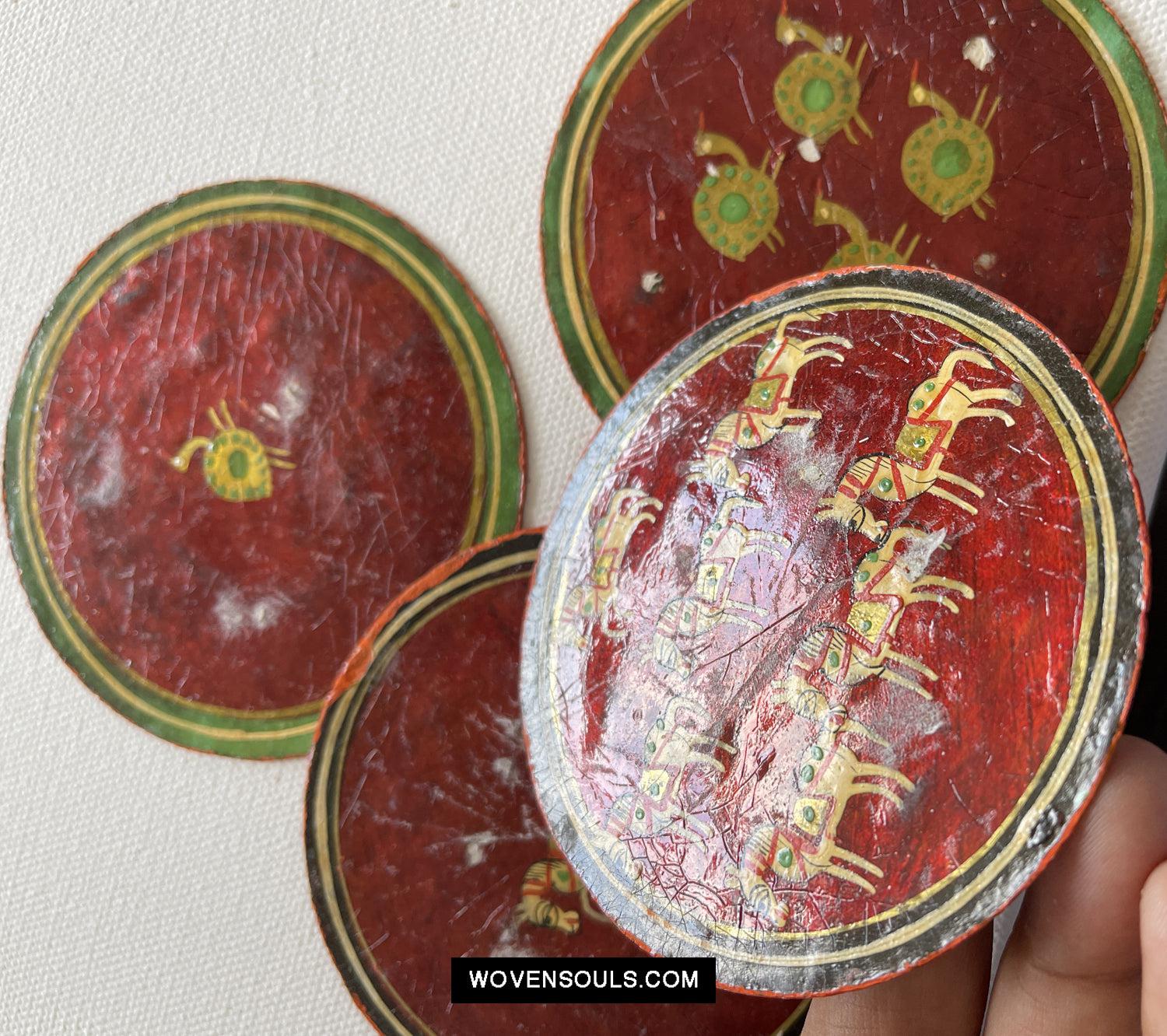 5011-D SOLD Group of 4 Antique Lacquered Ganjifa Playing Cards with Iridescent Paint-WOVENSOULS Antique Textiles & Art Gallery