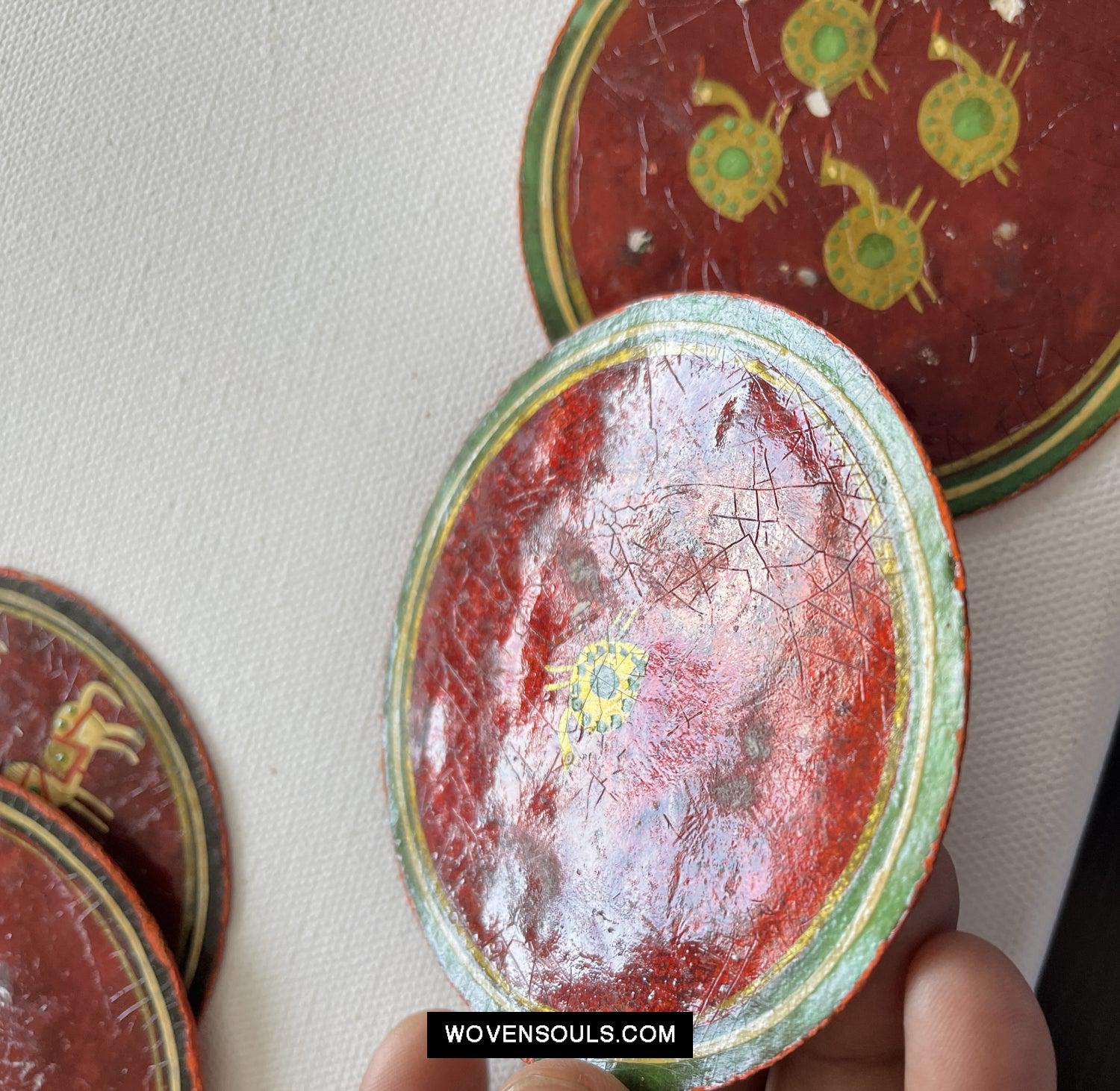 5011-D SOLD Group of 4 Antique Lacquered Ganjifa Playing Cards with Iridescent Paint-WOVENSOULS Antique Textiles & Art Gallery