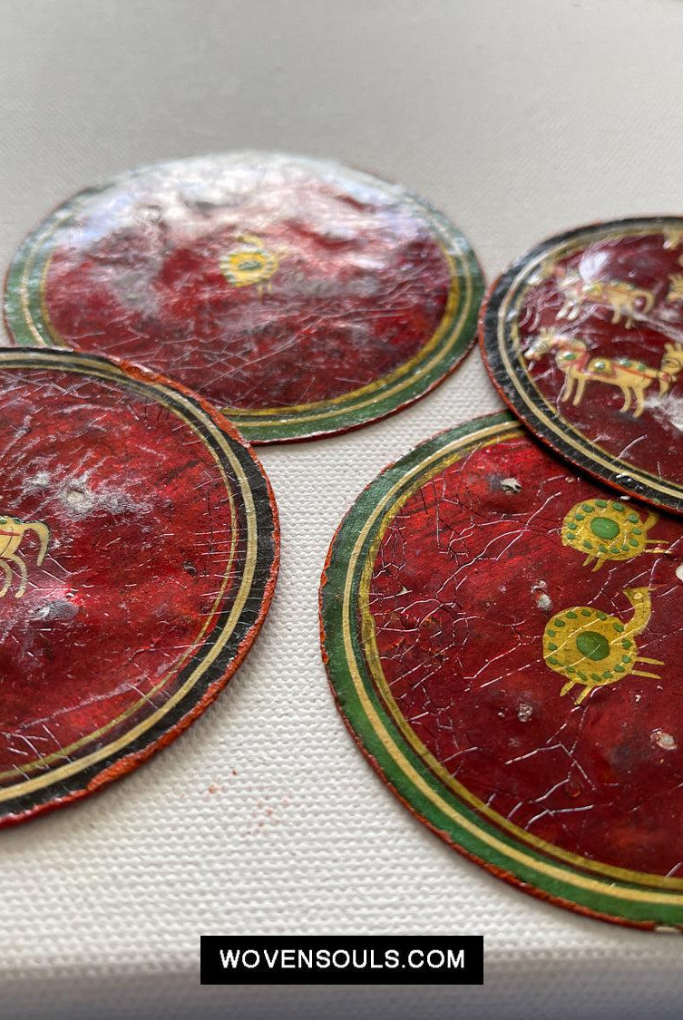 5011-D SOLD Group of 4 Antique Lacquered Ganjifa Playing Cards with Iridescent Paint-WOVENSOULS Antique Textiles & Art Gallery