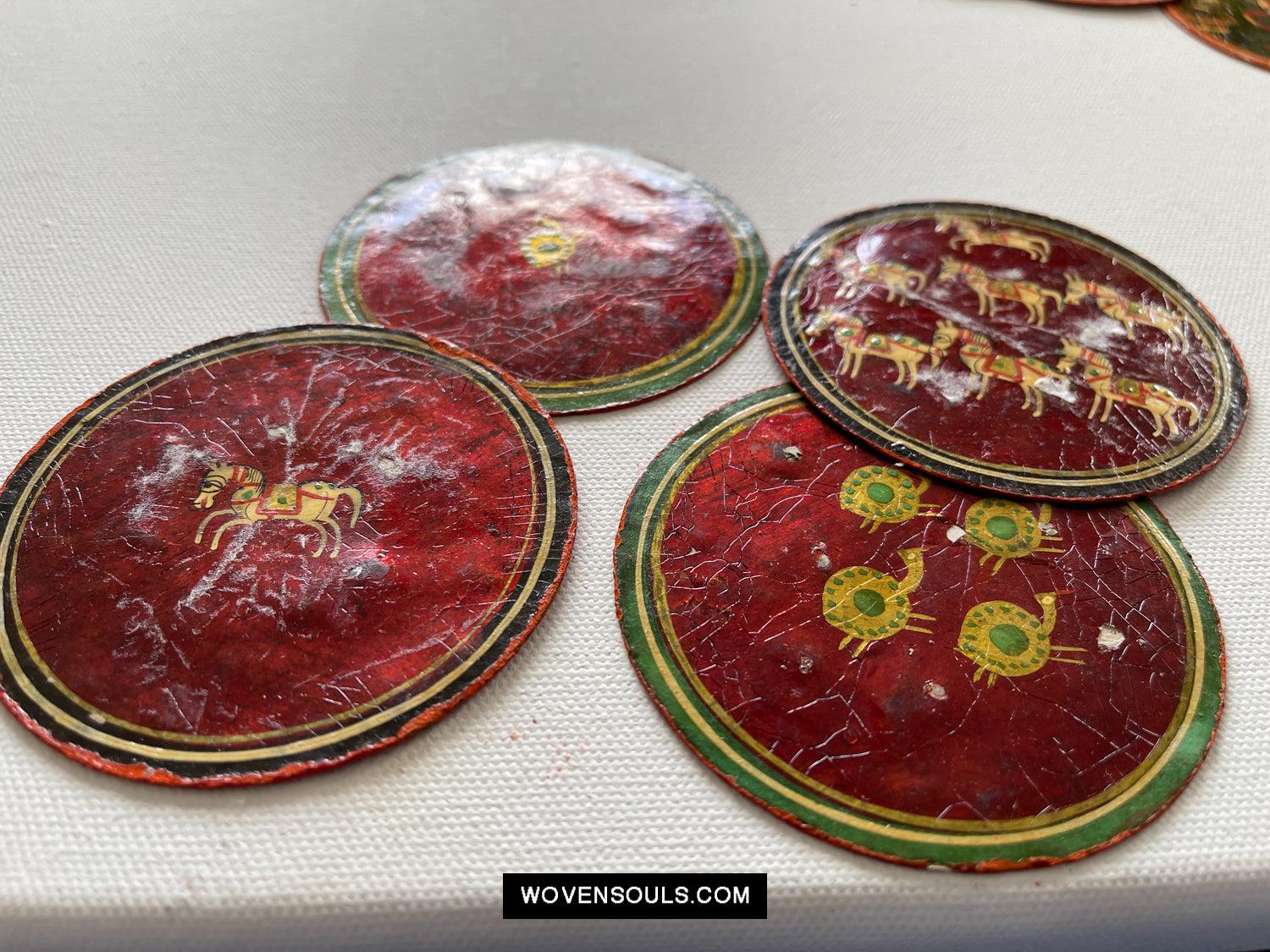 5011-D SOLD Group of 4 Antique Lacquered Ganjifa Playing Cards with Iridescent Paint-WOVENSOULS Antique Textiles & Art Gallery