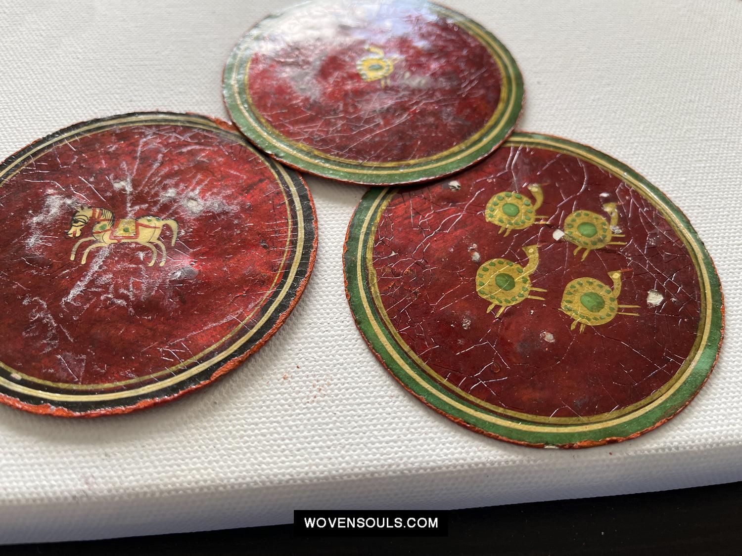 5011-D SOLD Group of 4 Antique Lacquered Ganjifa Playing Cards with Iridescent Paint-WOVENSOULS Antique Textiles & Art Gallery