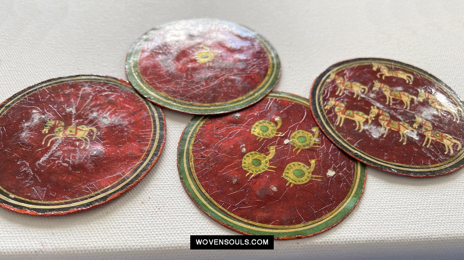 5011-D SOLD Group of 4 Antique Lacquered Ganjifa Playing Cards with Iridescent Paint-WOVENSOULS Antique Textiles & Art Gallery