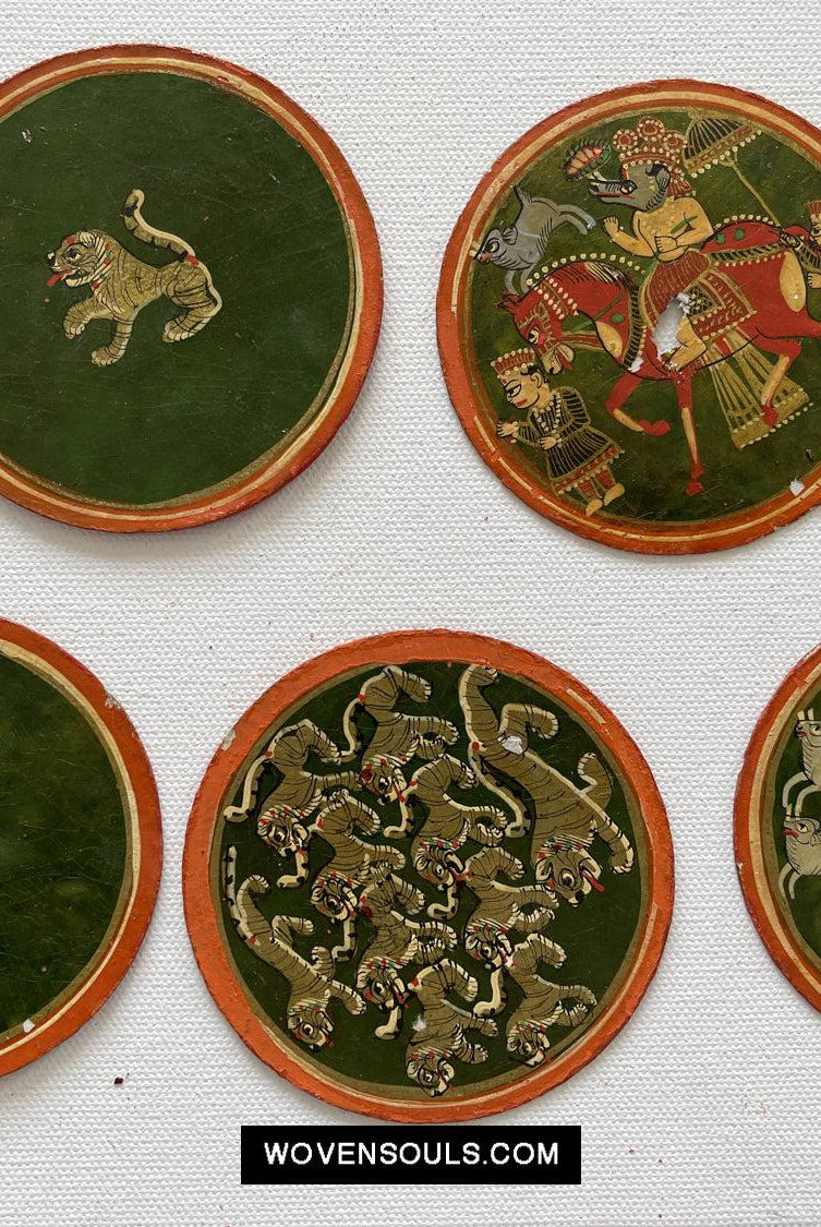 5011-E SOLD Group of 5 Antique Lacquered Ganjifa Playing Cards with Iridescent Paint-WOVENSOULS Antique Textiles & Art Gallery