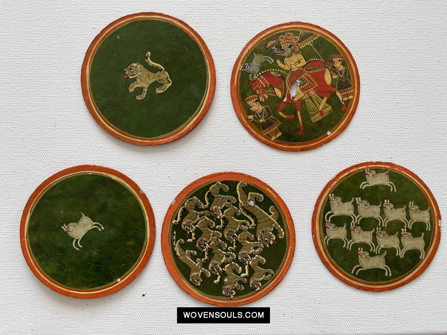 5011-E SOLD Group of 5 Antique Lacquered Ganjifa Playing Cards with Iridescent Paint-WOVENSOULS Antique Textiles & Art Gallery