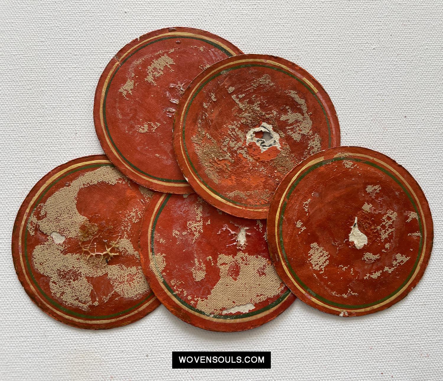 5011-E SOLD Group of 5 Antique Lacquered Ganjifa Playing Cards with Iridescent Paint-WOVENSOULS Antique Textiles & Art Gallery