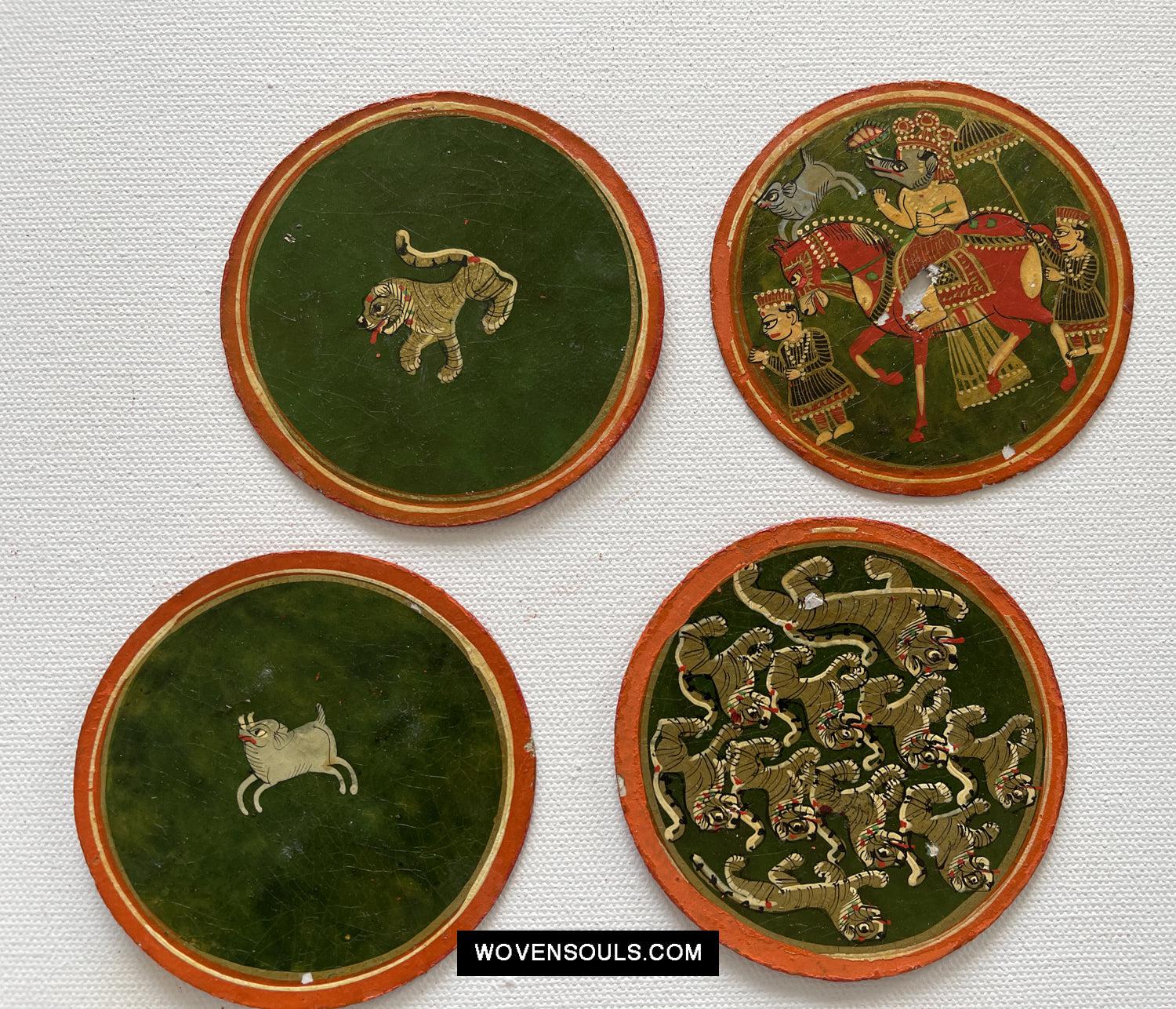 5011-E SOLD Group of 5 Antique Lacquered Ganjifa Playing Cards with Iridescent Paint-WOVENSOULS Antique Textiles & Art Gallery