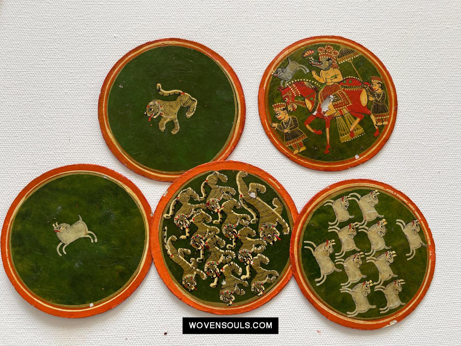 5011-E SOLD Group of 5 Antique Lacquered Ganjifa Playing Cards with Iridescent Paint-WOVENSOULS Antique Textiles & Art Gallery