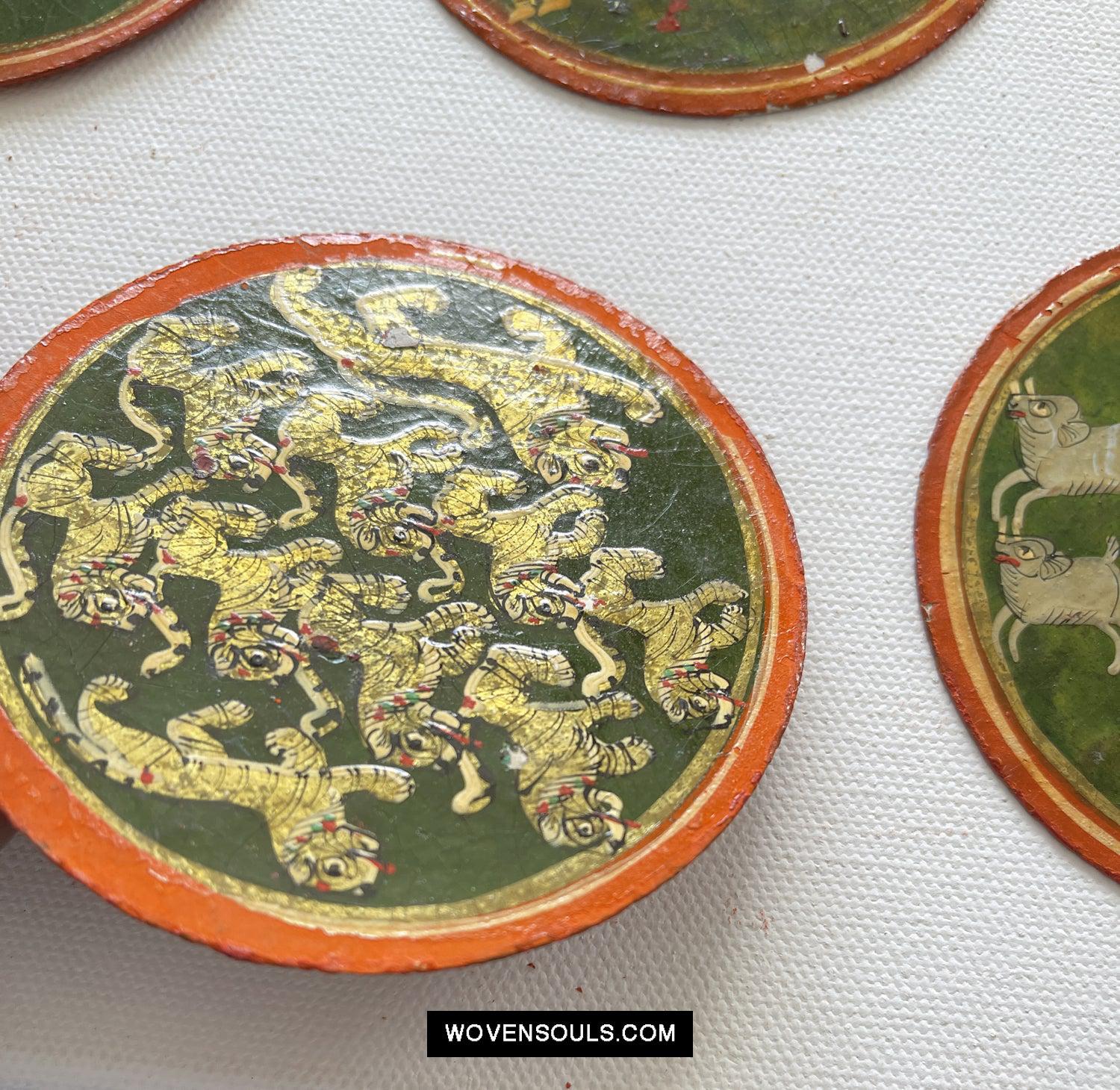 5011-E SOLD Group of 5 Antique Lacquered Ganjifa Playing Cards with Iridescent Paint-WOVENSOULS Antique Textiles & Art Gallery