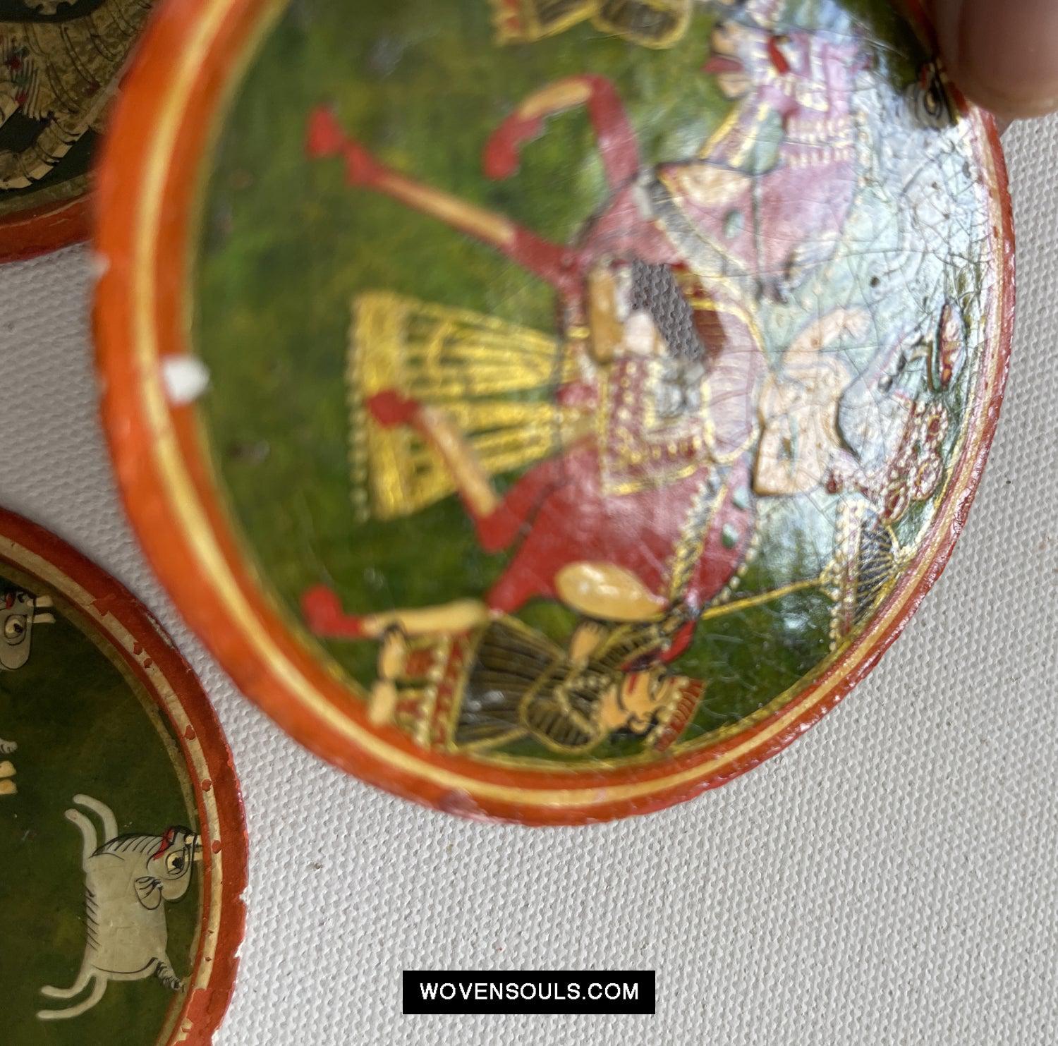 5011-E SOLD Group of 5 Antique Lacquered Ganjifa Playing Cards with Iridescent Paint-WOVENSOULS Antique Textiles & Art Gallery