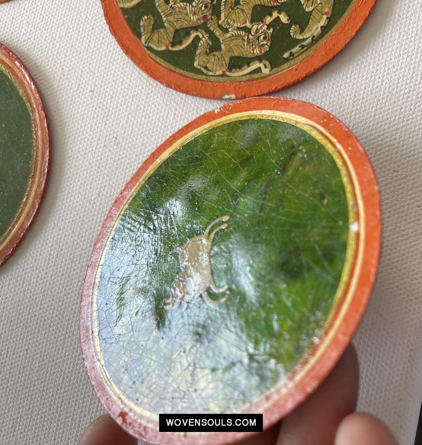 5011-E SOLD Group of 5 Antique Lacquered Ganjifa Playing Cards with Iridescent Paint-WOVENSOULS Antique Textiles & Art Gallery