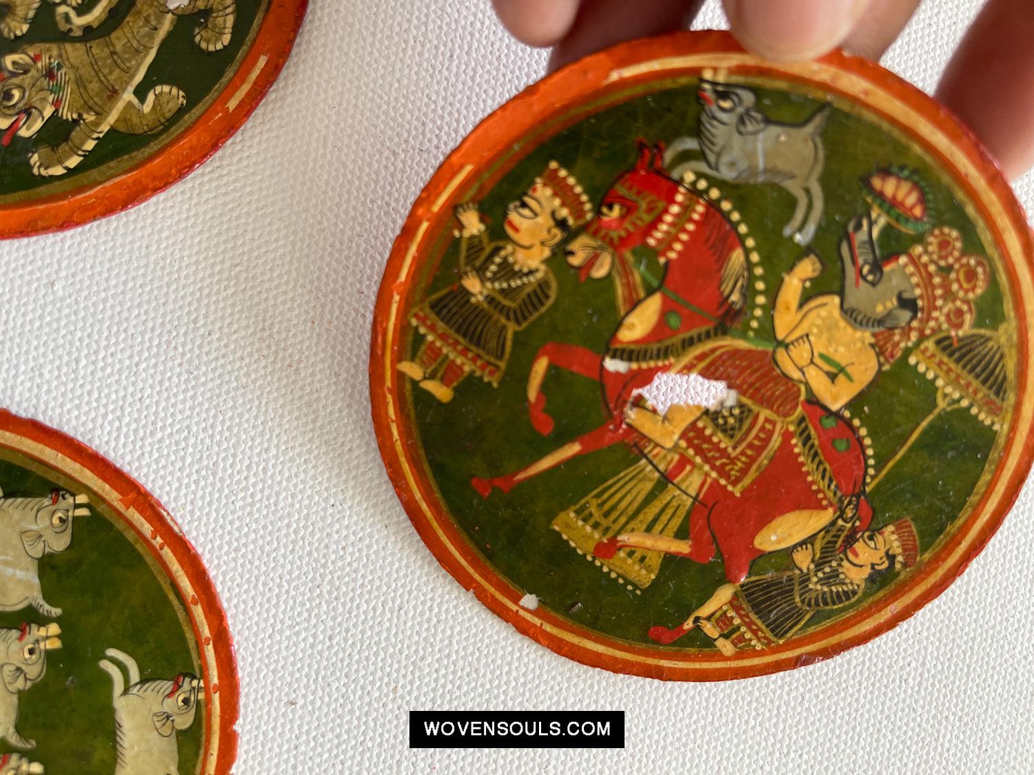 5011-E SOLD Group of 5 Antique Lacquered Ganjifa Playing Cards with Iridescent Paint-WOVENSOULS Antique Textiles & Art Gallery