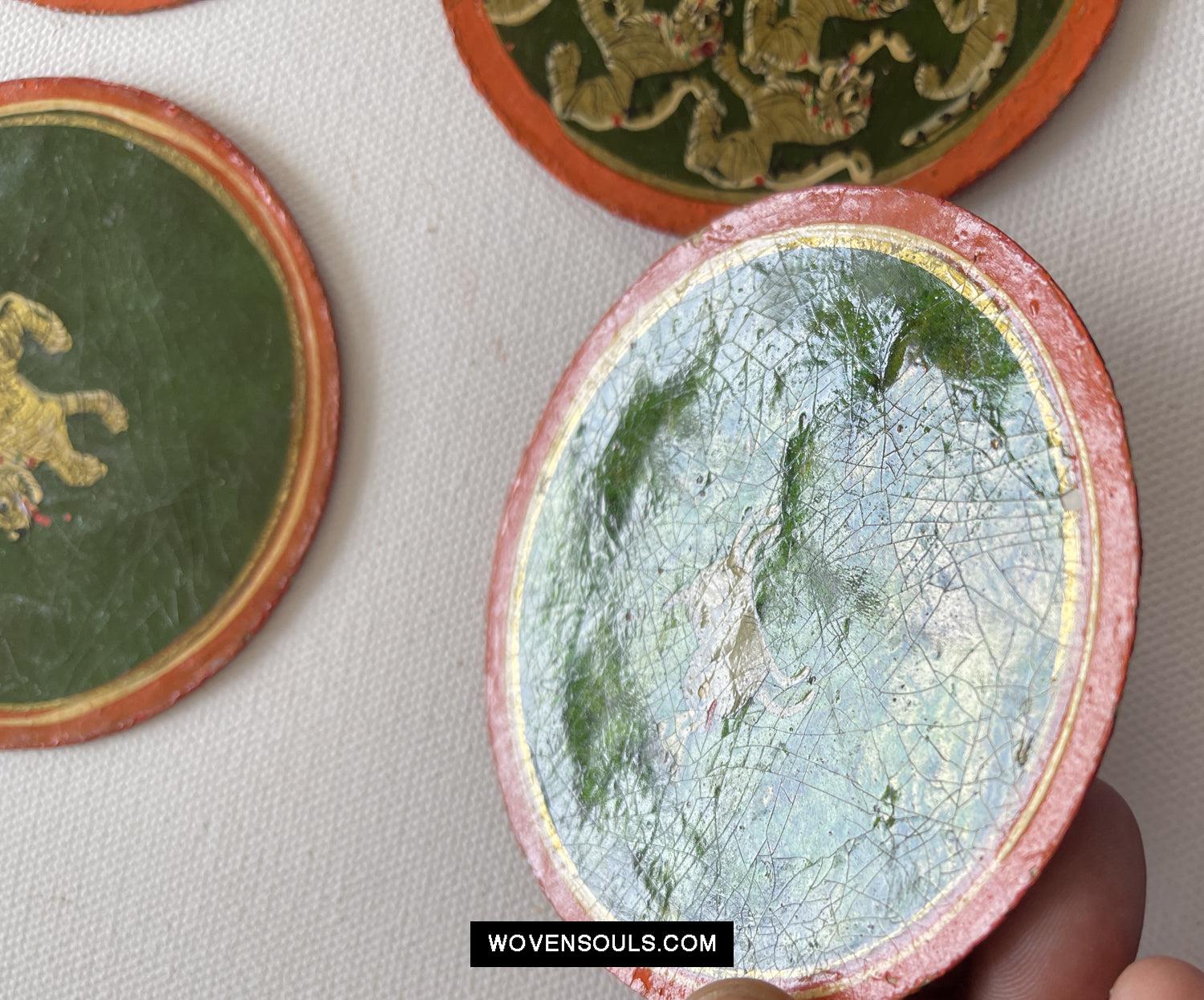 5011-E SOLD Group of 5 Antique Lacquered Ganjifa Playing Cards with Iridescent Paint-WOVENSOULS Antique Textiles & Art Gallery