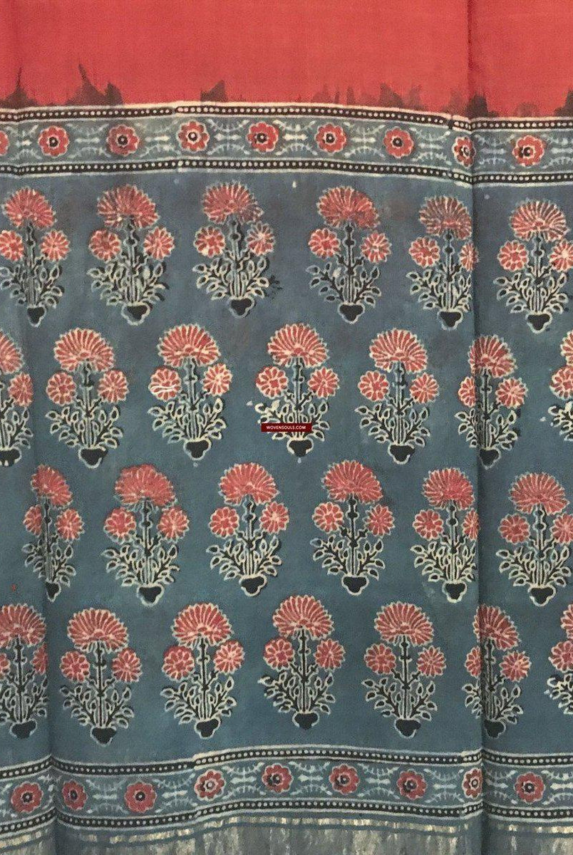 5302 Indigo & Rust Ajrakh Cotton Scarf / Stole in Natural Dyes on Maheshwari Cotton-WOVENSOULS-Antique-Vintage-Textiles-Art-Decor