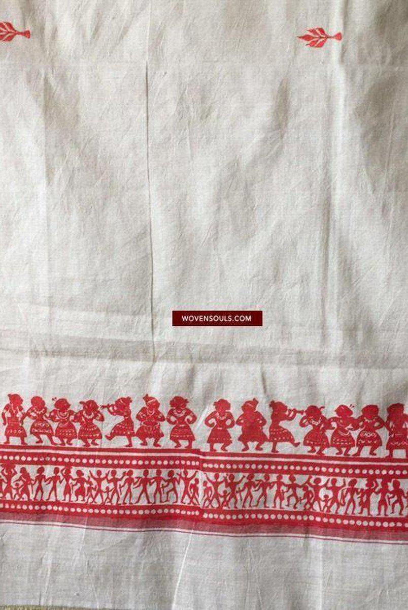 5713 Hand Printed Silk Shawl with Warli Motifs - Recently Made-WOVENSOULS-Antique-Vintage-Textiles-Art-Decor