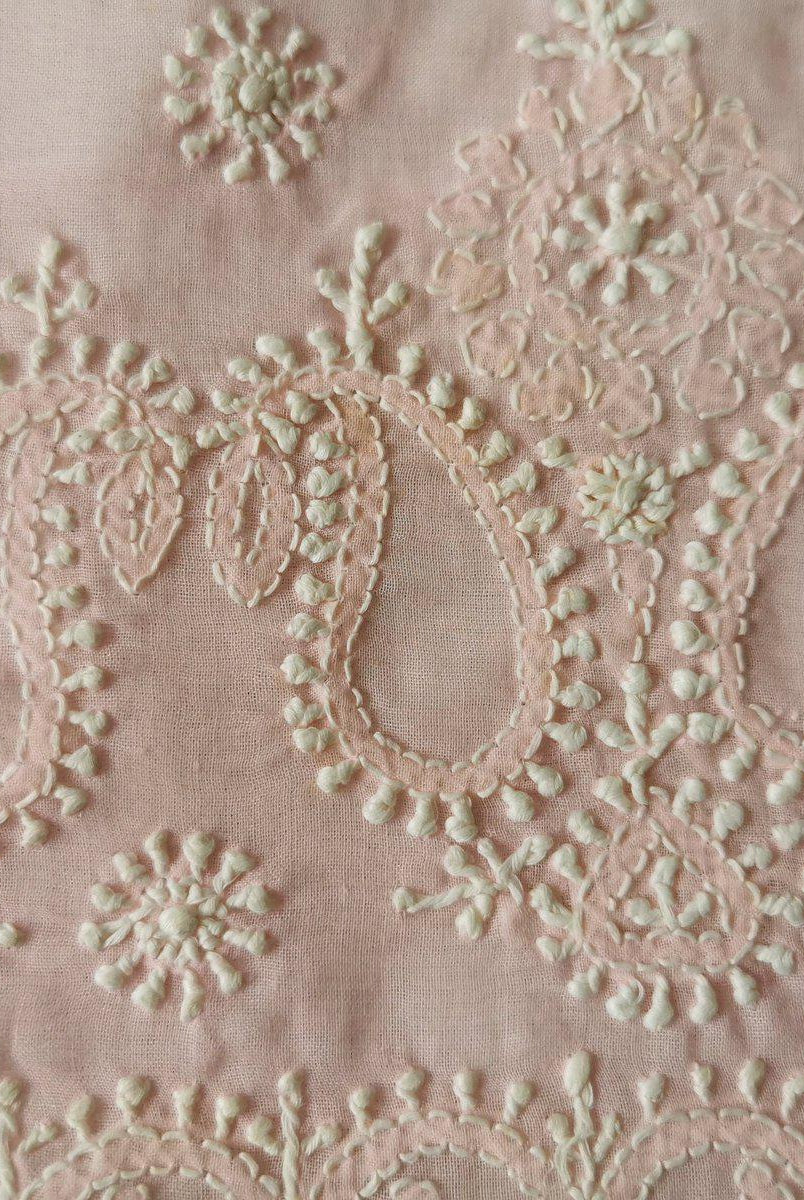 5726 SOLD- Old Chikan Hand Embroidery Fragment Baby Pink Cotton-WOVENSOULS-Antique-Vintage-Textiles-Art-Decor
