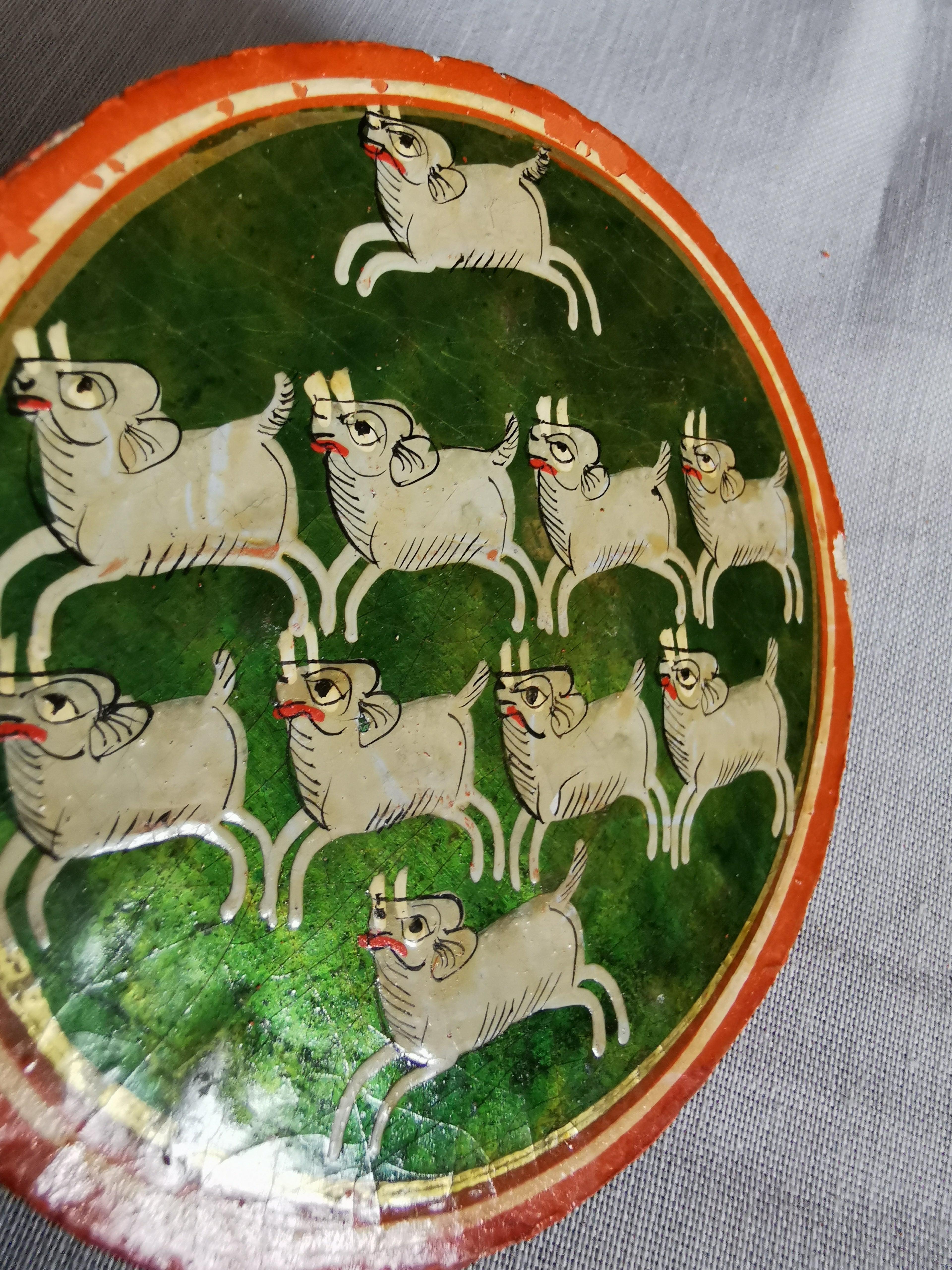 5011-E SOLD Group of 5 Antique Lacquered Ganjifa Playing Cards with Iridescent Paint-WOVENSOULS Antique Textiles & Art Gallery