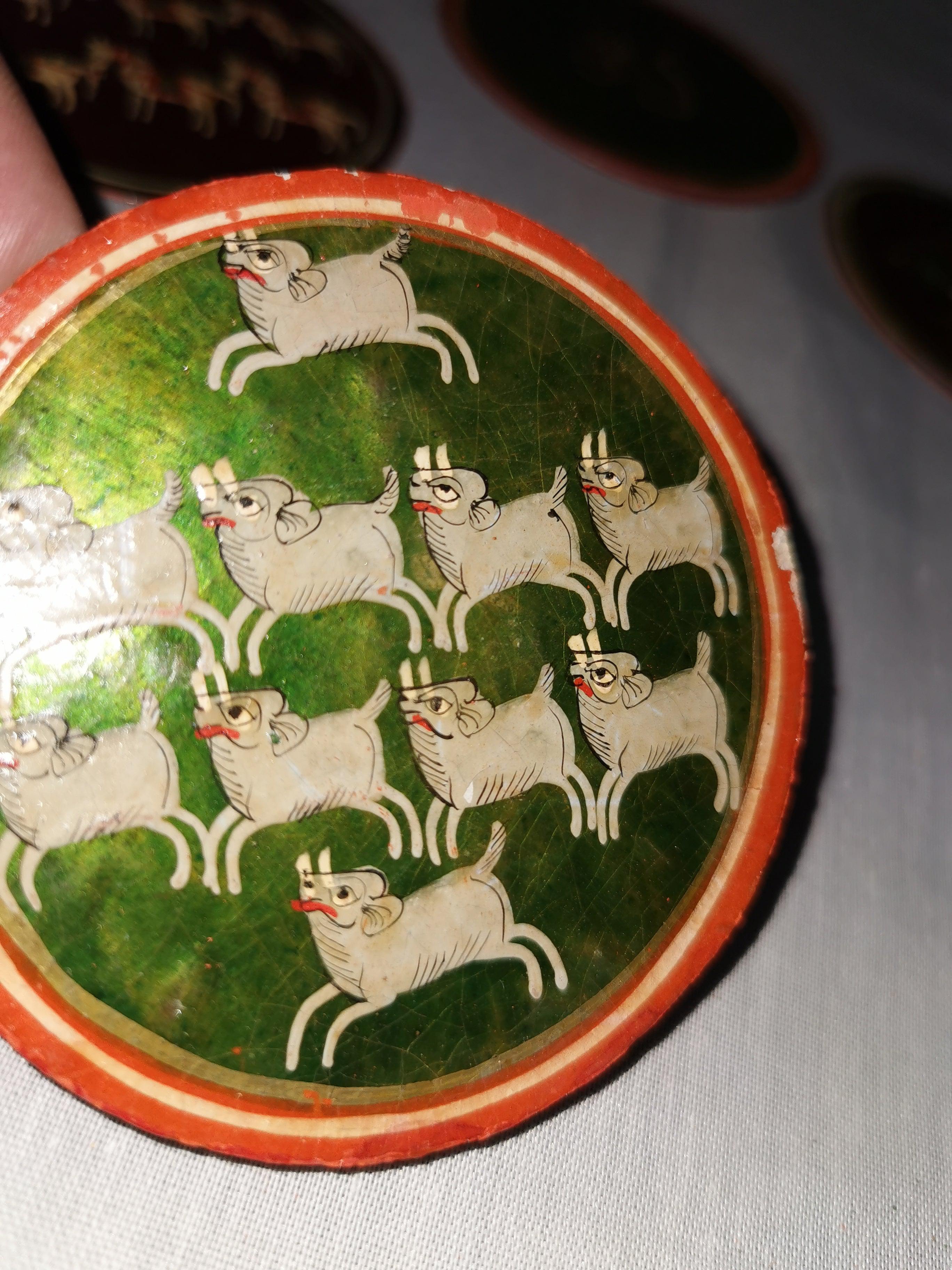 5011-E SOLD Group of 5 Antique Lacquered Ganjifa Playing Cards with Iridescent Paint-WOVENSOULS Antique Textiles & Art Gallery