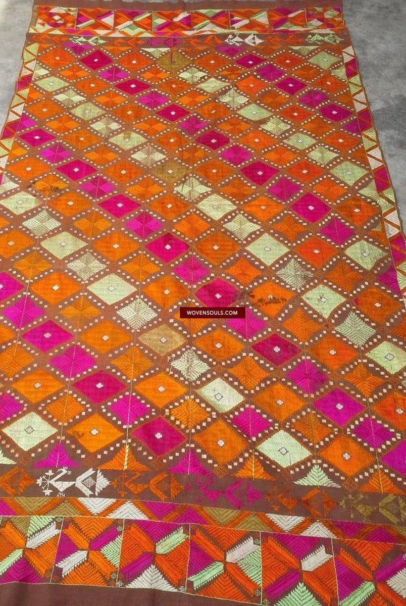 640 Old Wedding Shawl Diamond Bagh Phulkari Indian Textile Punjab-WOVENSOULS-Antique-Vintage-Textiles-Art-Decor