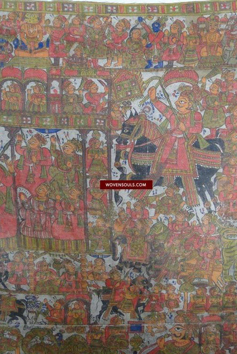 655 SOLD Old Antique 'Pabuji Ki Phad' Fragment Folk Painting-WOVENSOULS-Antique-Vintage-Textiles-Art-Decor
