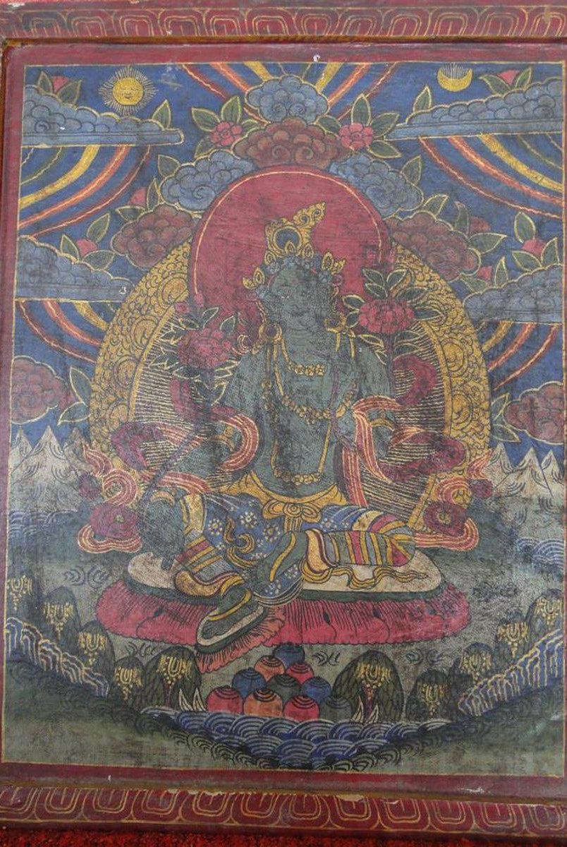 660 Old Buddhist Painting of Green Tara-WOVENSOULS-Antique-Vintage-Textiles-Art-Decor