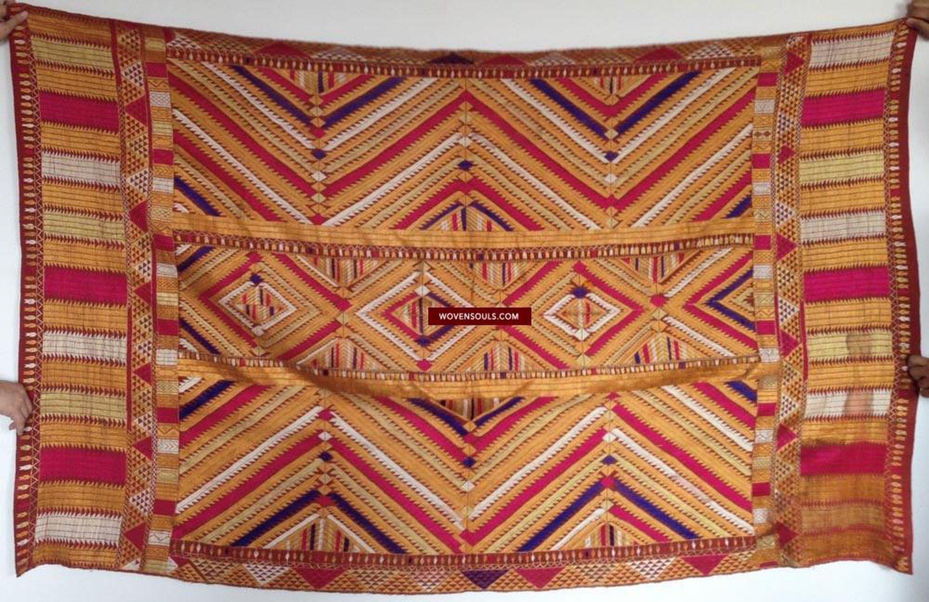 668 SOLD Indian textiles Pachranga Bagh Phulkari Wedding Shawl - Silk Embroidery Punjab-WOVENSOULS-Antique-Vintage-Textiles-Art-Decor