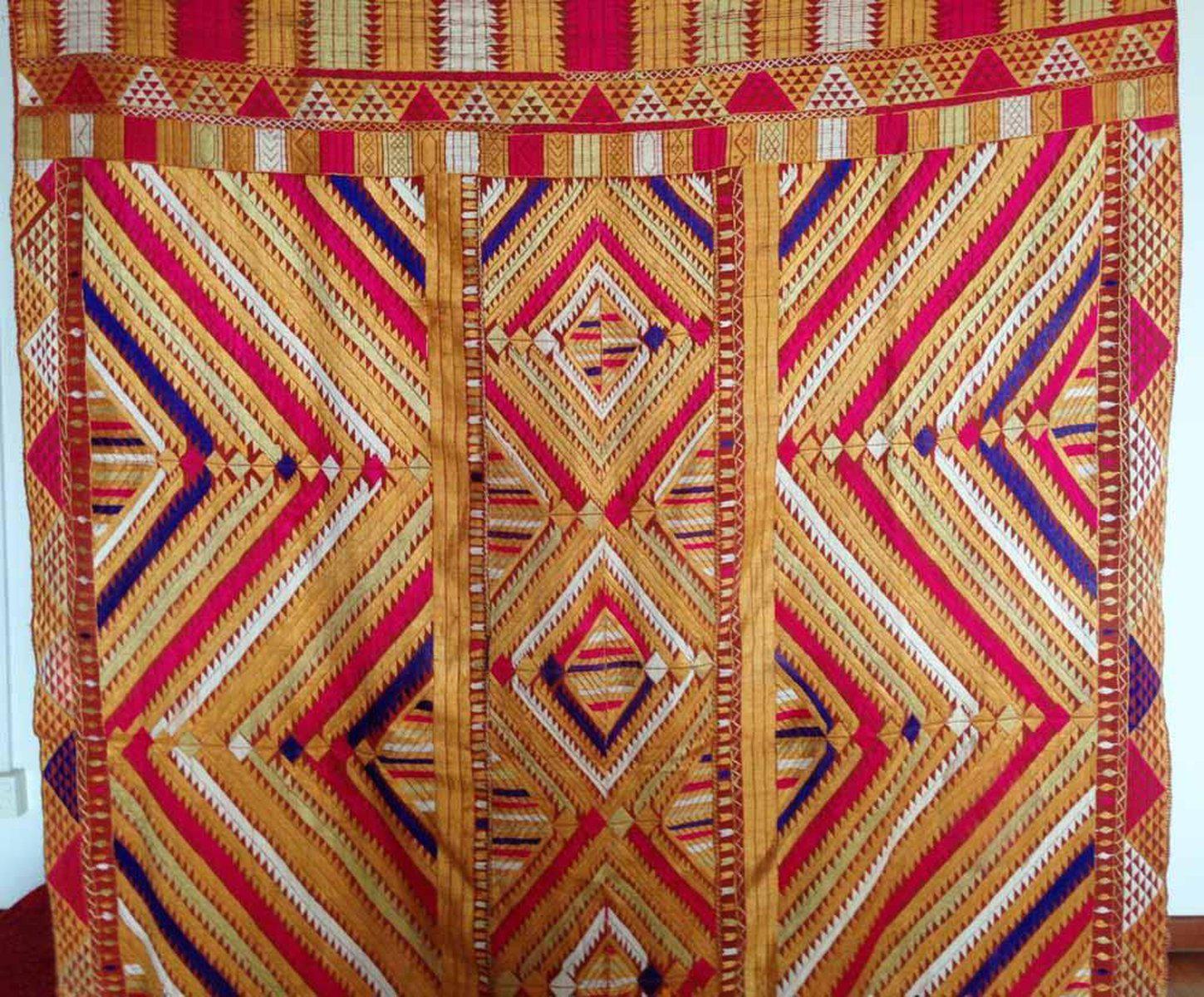 668 SOLD Indian textiles Pachranga Bagh Phulkari Wedding Shawl - Silk Embroidery Punjab-WOVENSOULS-Antique-Vintage-Textiles-Art-Decor